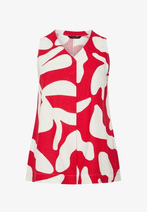 Hihaton V-kaula-aukoinen toppi, jossa rohkea punainen ja valkoinen abstrakti lehtikuvio, suoraviivainen leikkaus ja etukeskellä oleva sauma.