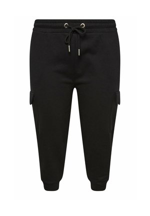 Schwarze, kurz geschnittene Jogginghosen mit elastischem Bund, Kordelzug, seitlichen Cargotaschen und Bündchen an den Knöcheln.