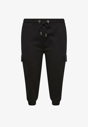 Pantaloni jogger neri cropped con cintura elastica, coulisse, tasche cargo laterali e polsini alle caviglie.