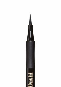 Zwarte stift met een fijne, taps toelopende punt. Het lichaam is glad met een matte afwerking en heeft gouden letters aan de zijkant.