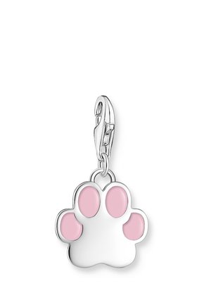 Silver and pink paw-shaped charm with a lobster clasp for attaching to bracelets or necklaces.