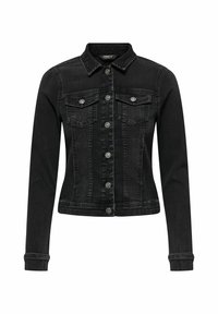 Svart denimjacka med silverknappar, två bröstfickor och krage. Har en figurnära silhuett och stickad detaljering.