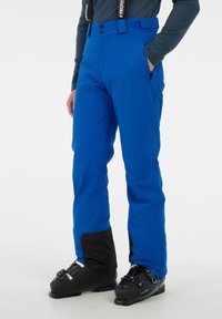Modré lyžiarske nohavice s nastaviteľnými traky, dvoma bočnými vreckami a čiernymi manžetami. Vyrobené z nepremokavého materiálu, so značkou na nohe.