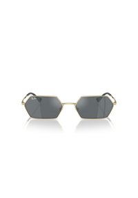 Occhiali da sole con montatura metallica dorata e un distintivo shape esagonale, dotati di lenti grigie scure. Presentano aste nere eleganti e il logo Ray-Ban.