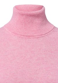 Rosa Rollkragenpullover mit gerippter Textur. Bequeme Passform, weicher Stoff und hoher Kragen. Keine auffälligen Muster oder Akzente.