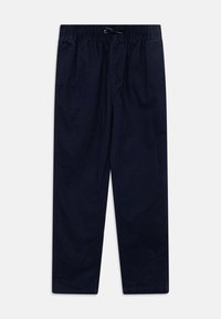 Marineblå, lette bukser i bomuldsblanding med elastisk talje, justerbar snøre og lige ben-design.