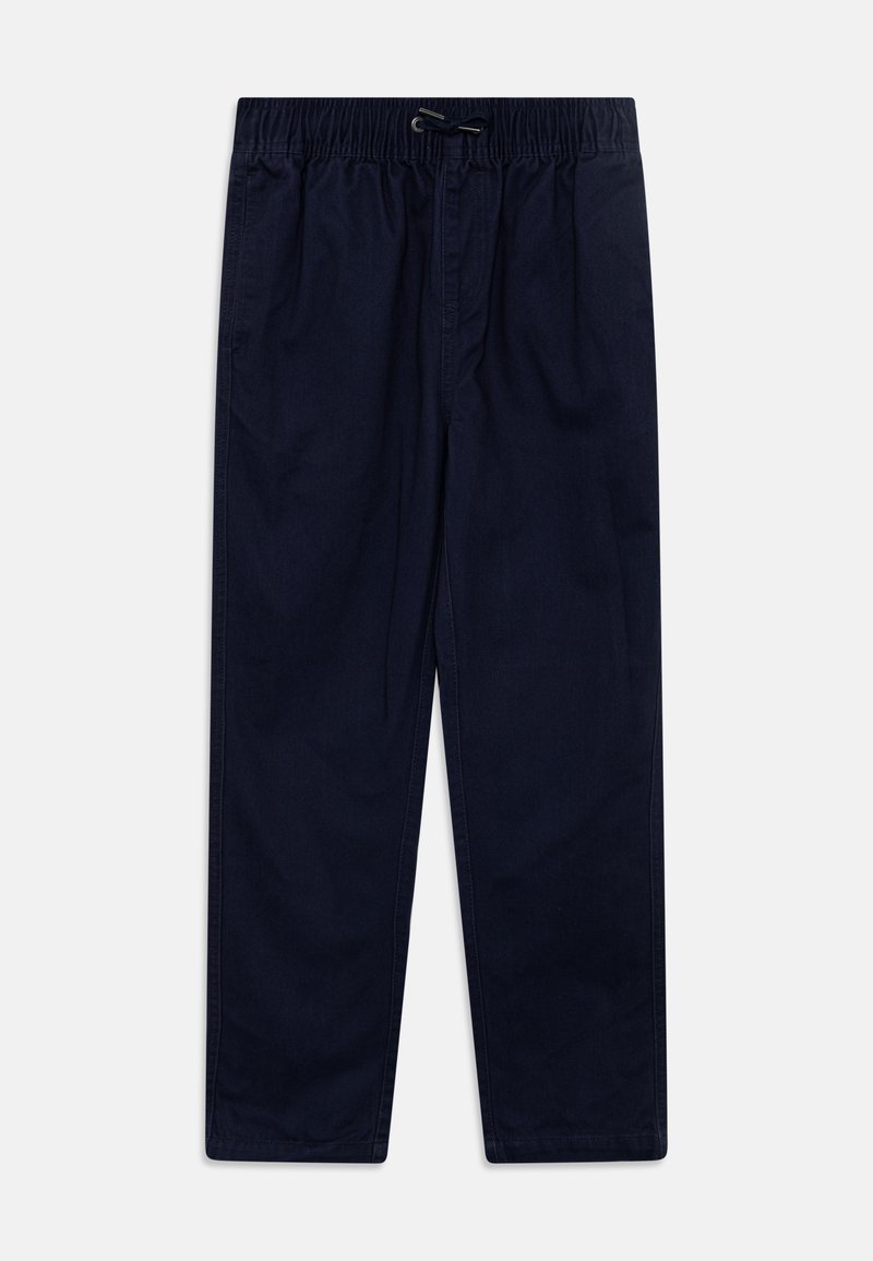 Sötétkék, könnyű pamutkeverék nadrág rugalmas derékkal, állítható húzózsinórral és egyenes szabással.