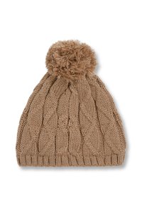 Knitted beige beanie with cable knit pattern and a fluffy pom-pom on top, featuring a ribbed band at the base.