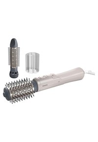 Philips stijltool met een gestructureerde lichtroze handgreep, een afneembare ronde borstelkop en een extra verwisselbare opzetstuk. Wordt geleverd met een doorzichtige beschermkap.
