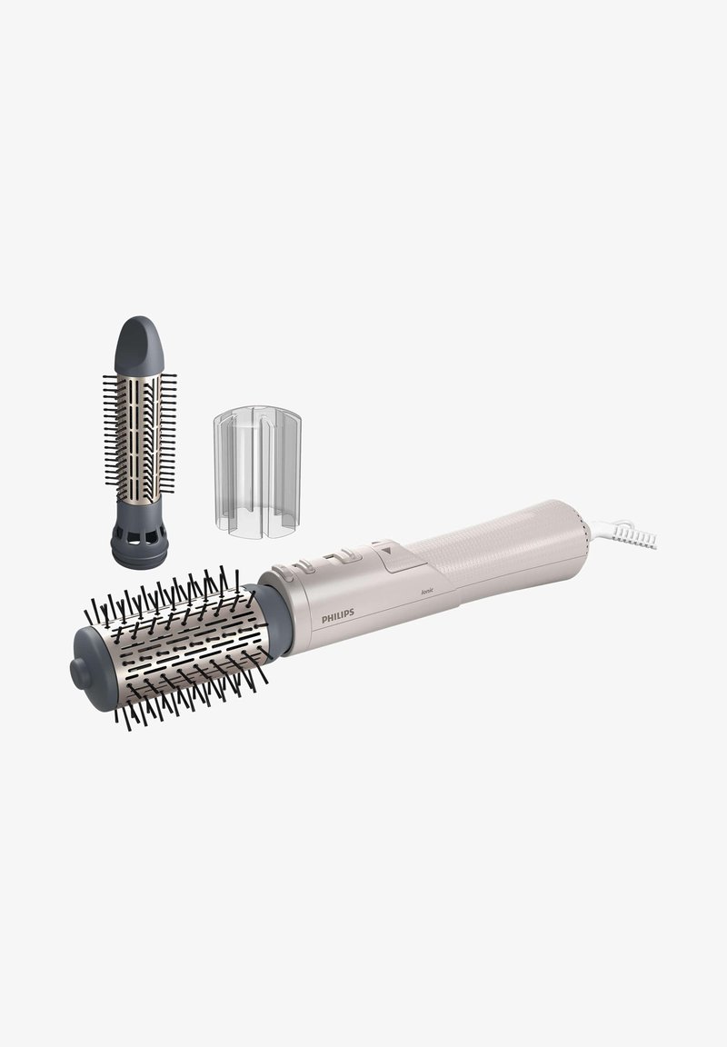 Styling-Tool von Philips mit einem strukturierten, hellrosa Griff, abnehmbarem runden Bürstenkopf und zusätzlichem wechselbarem Aufsatz. Inklusive transparentem Schutzdeckel.