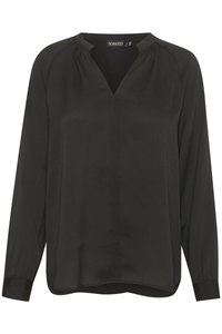 Blusa nera a maniche lunghe con scollatura a V, realizzata in un tessuto testurizzato, caratterizzata da una vestibilità morbida e maniche con polsini.