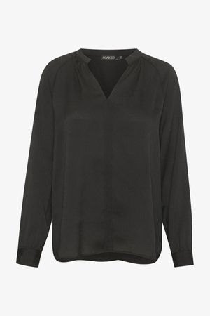 Črna bluza z dolgimi rokavi in V-izrezom, izdelana iz teksturirane tkanine, z ohlapnim krojem in manšetnimi rokavi.