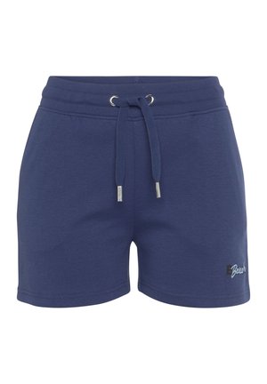 Marineblaue Baumwollshorts mit einem elastischen Bund, verstellbarem Kordelzug, seitlichen Taschen und einem kleinen Logoakzent am Saum.