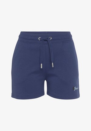 Marineblaue Baumwollshorts mit einem elastischen Bund, verstellbarem Kordelzug, seitlichen Taschen und einem kleinen Logoakzent am Saum.