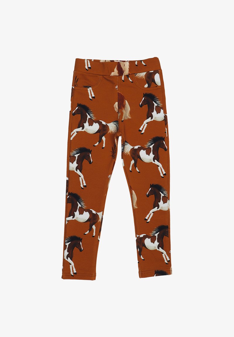 Brown leggings featuring a repeated horse print in various poses. The material appears stretchy with a smooth texture and a snug fit.