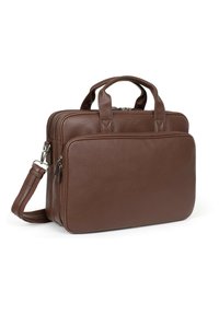Borsa per laptop in pelle marrone con due manici superiori, tracolla regolabile, tasca frontale con zip e design rettangolare strutturato.