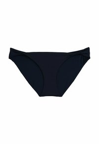 Granatowe bikini w dolnej części wykonane z gładkiego materiału, charakteryzujące się niskim stanem oraz marszczeniami po bokach, o klasycznym, minimalistycznym designie.