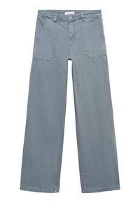 Lichtblauwe wijde broek met voorzakken, riemlussen en een knoopsluiting in de taille.