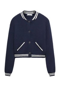 Marineblau gestrickte Bomberjacke mit weiß gestreiftem Rippkragen und -bündchen, ausgestattet mit zwei vorderen Taschen und Druckknopfverschluss. Kurz geschnittenes Design.
