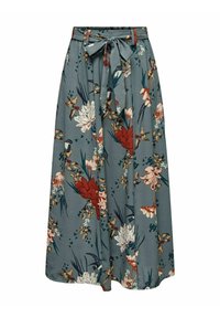 Blomstret maxiskørt i teal stof, med en talje med sløjfedetalje og flerfarvede blomstermønstre overalt.