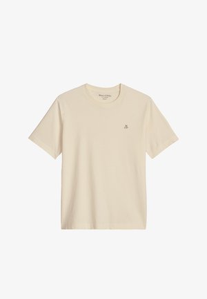 Beige T-Shirt mit kurzen Ärmeln und Rundhalsausschnitt, mit kleinem "M OP" Logo auf der linken Brust, schlicht vorne und mit geradem Saum.
