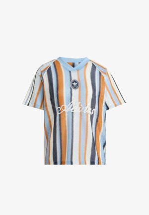 Short-sleeve knit shirt with vertical stripes in blue, orange, white, and black, featuring a blue collar and Adidas logo and script on front.