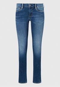 Jeans de mezclilla azul con un diseño de pierna recta, que cuentan con cinco bolsillos, un cierre frontal con botón y un lavado desgastado para aportar textura.