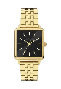 Gouden vierkante horloge met een zwarte wijzerplaat, gouden uurmarkers en wijzers. Beschikt over een metalen schakelarmband met een glanzende afwerking. Merkbeschrijving zichtbaar.
