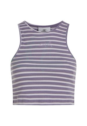 Lilla og hvid stribet crop top med ribbet tekstur, der har en rund halsudskæring og et lille logo på forsiden.