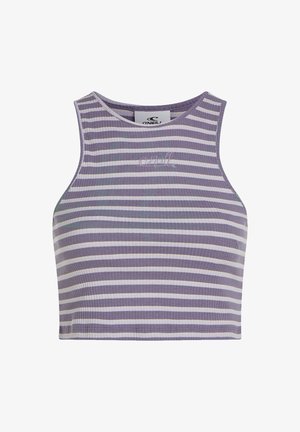 Lila- und weiße gestreifte Crop-Top mit gerippter Textur, ausgestattet mit einem Rundhalsausschnitt und einem kleinen Logo auf der Vorderseite.