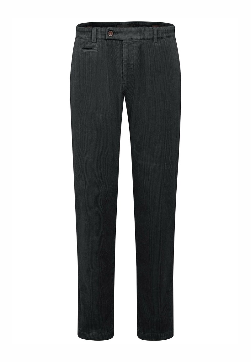 Schwarze Corduroyhose mit geradem Schnitt, Fronttaschen und einem einzelnen Knopfverschluss an der Taille. Weiche Textur und vertikales Rippmuster.