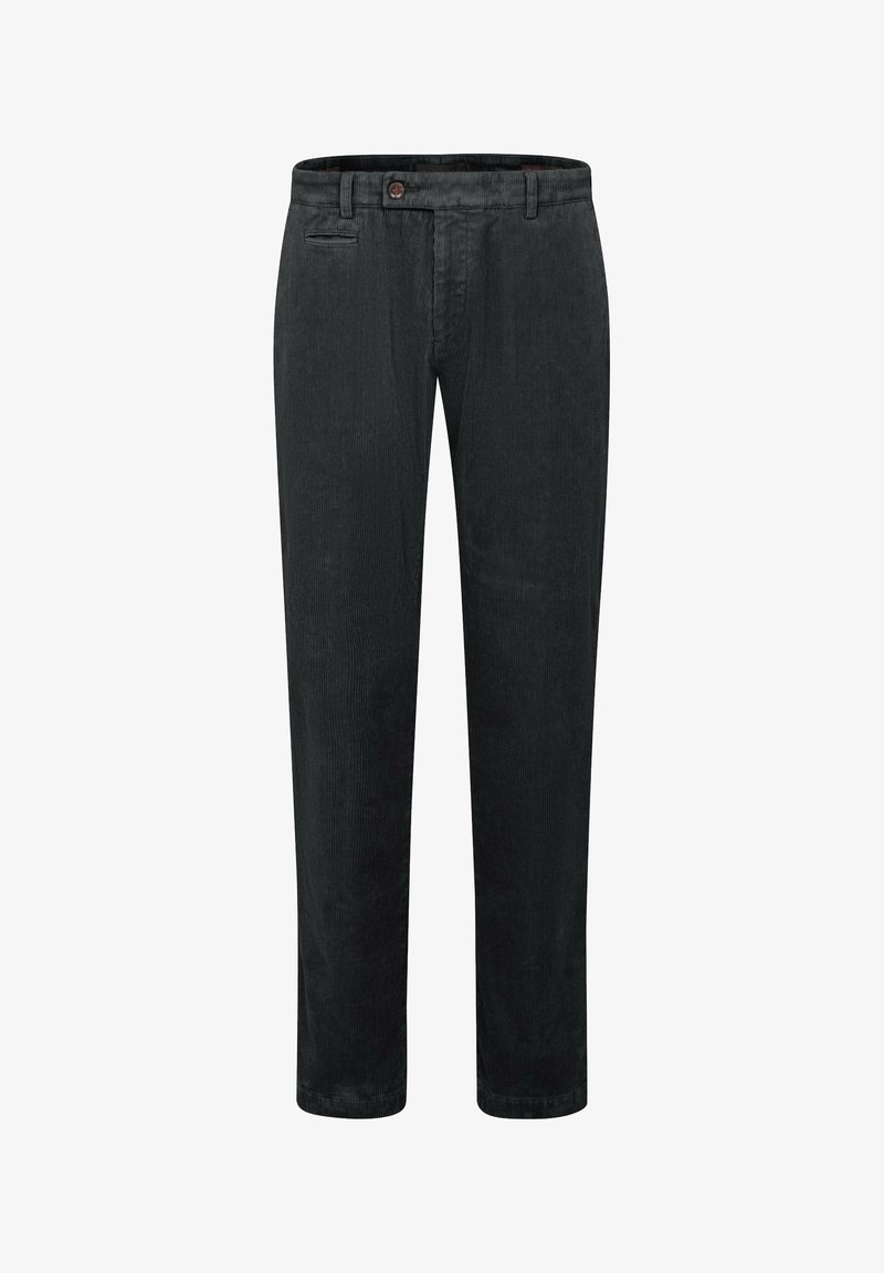 Schwarze Corduroyhose mit geradem Schnitt, Fronttaschen und einem einzelnen Knopfverschluss an der Taille. Weiche Textur und vertikales Rippmuster.