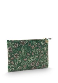 Green fabric pouch with a zipper, featuring a detailed floral pattern in shades of beige and brown.