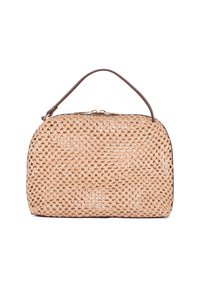 Wykonana z plecionej słomy torebka w jasnobrązowym kolorze o prostokątnym kształcie, z brązową skórzaną rączką i złotym okuciem na zamknięciu.