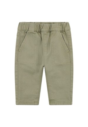 Khaki katoenen broek met een elastische tailleband, twee voorzakken en een recht gesneden ontwerp. Textuurafwerking met gestikte details.