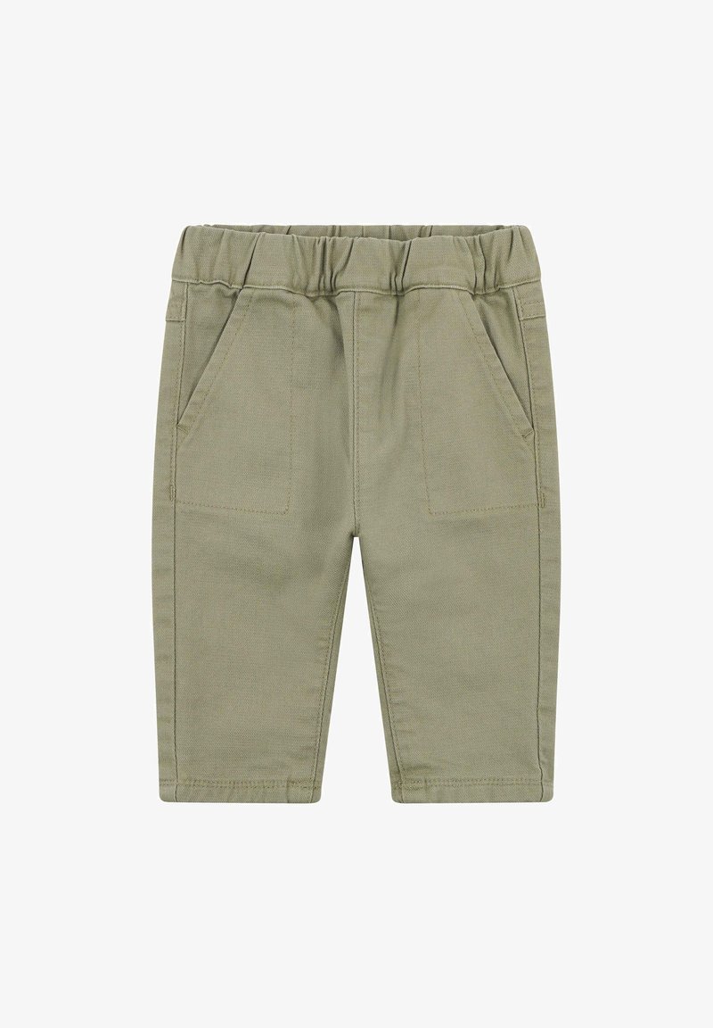 Khaki katoenen broek met een elastische tailleband, twee voorzakken en een recht gesneden ontwerp. Textuurafwerking met gestikte details.