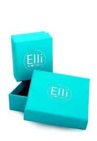 Tyrkis smykkeskrin med en glat overflade, der har et sølvlogo "Elli WE ♥ JEWELS" på forsiden og en firkantet form. Vises i åbne og lukkede versioner.