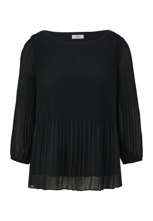 Zwarte geplooide blouse met lange mouwen en een ronde halslijn, van lichtgewicht stof en met een vloeiende uitstraling, voorzien van geplooide accenten op de mouwen.