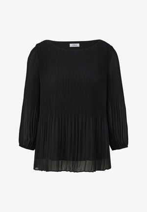 Must mustriga pikad varrukad ja ümmargune kaelus, kerge kangas ja voolav disain, millel on kogutud detailid varrukatel.