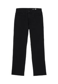 Sorte denim jeans med en lige ben design, der har fem lommer, en knaplukning og kontraststing detaljer.