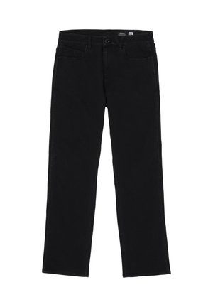 Schwarze Jeans aus Denim mit geradem Beinschnitt, fünf Taschen, einem Knopfverschluss und kontrastierenden Nähten.