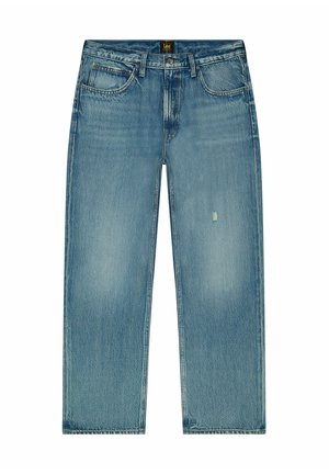 Blaue Jeans aus Denim mit entspanntem Schnitt, geraden Beinen, leichter Ausbleichung und dezentem Used-Look auf der Vorderseite. Klassisches Fünf-Taschen-Design.