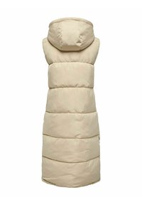 Beige, ärmellose Steppweste mit Kapuze, die horizontale Steppabschnitte und eine glatte Textur aufweist. Die Rückansicht zeigt das Design des Saums.