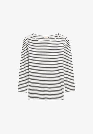 Long-sleeve top in white and black horizontal stripes, made of soft cotton, with a rounded neckline and relaxed fit. No embellishments.