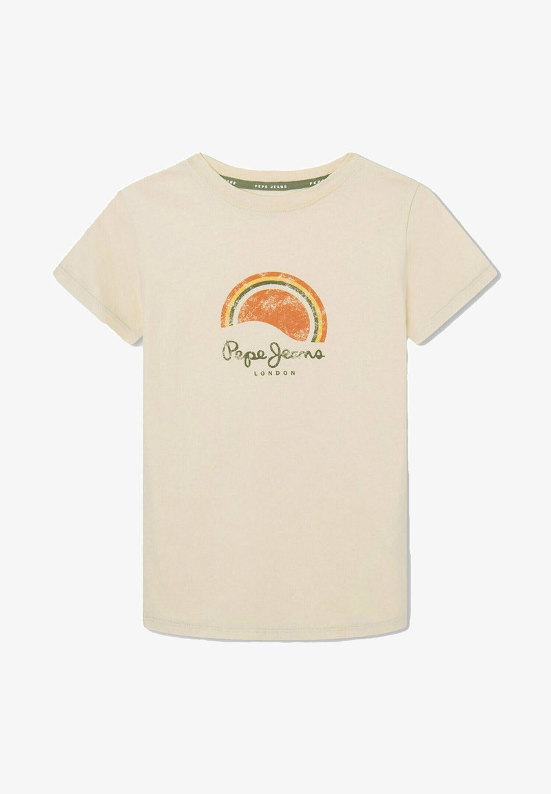 Beige puuvillapaita lyhyillä hihoilla, jossa on oranssi- ja vihreäsävyinen auringonlaskugrafiikka ja "Pepe Jeans London" -logo alapuolella.
