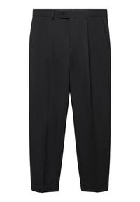 Czarne spodnie damskie na miarę z gładkim przodem, plisowanymi detalami i mankietami u dołu, wykonane z gładkiej tkaniny, z pojedynczym zapięciem na guzik.