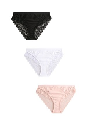 Drei Paar Damen-Slips mit Spitzenbesatz: schwarz, weiß und hellrosa. Jeder hat einen gewellten Spitzenbesatz entlang des Bunds und der Beinabschlüsse.