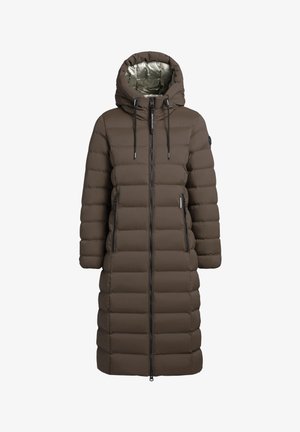Bruine gewatteerde jas met een capuchon, ritssluiting en twee zijvakjes. Heeft een doorgestikt ontwerp en een zilverkleurige voering aan de binnenkant.
