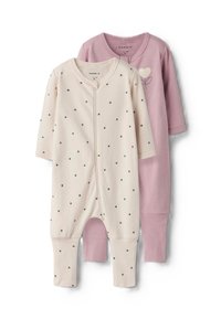 Deux bodys en taille bébé : l'un crème avec des cœurs gris et une fermeture éclair à l'avant, l'autre rose avec un design simple de cœur et de feuille. En matériau coton doux.