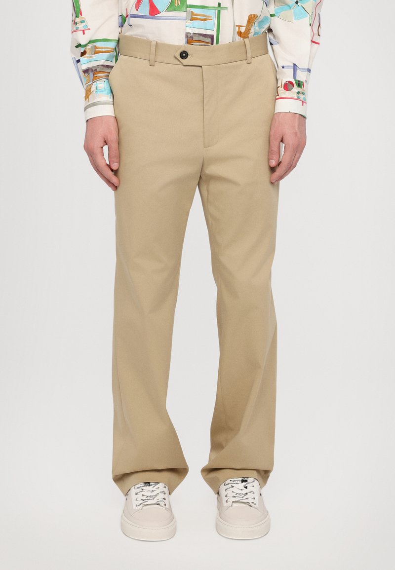 Beige trousers made of smooth fabric, featuring a straight leg design, front pockets, and a single button closure at the waist.